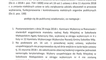 Obwieszczenie Komisarza Wyborczego w Rzeszowie z dnia 13 czerwca 2018 r